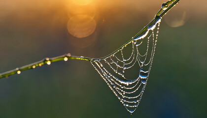 Spiderweb with Dewdrops at Sunrise