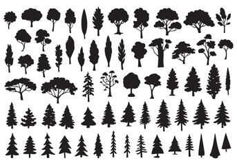 Diverse collection of silhouetted trees in various styles for nature design elements white background