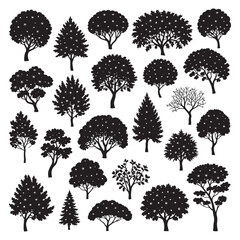 Diverse black silhouettes of various trees and pines isolated on white for design and nature concepts white background