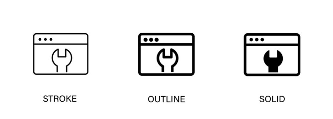 Web settings icons for websites, web design, development, technology, computers. Vector stroke, outline and solid icons. EPS10.