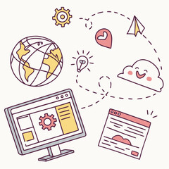 Vibrant doodle style digital icons for web development, global communication, cloud computing, and creative ideas.