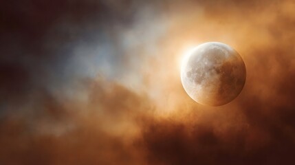 Wall Mural - dramatic sky with the moon partially obscuring a bright sun surrounded by atmospheric clouds in warm