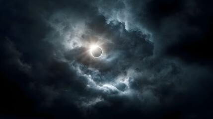 Wall Mural - dramatic solar eclipse viewed through stormy clouds with glowing corona and light rays