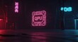 © FimCraft - A glowing QPU symbol illuminates a dark, futuristic cityscape with neon lights reflecting on the wet ground, symbolizing advanced quantum processing units.