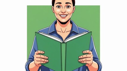 Woman engrossed in reading a green book with a smile, set against a calming green background, evoking a sense of knowledge and enjoyment.