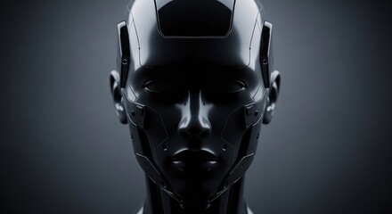 A robotic head with a futuristic design, exuding an aura of advanced technology and artificial intelligence. The metallic surface reflects a subtle light, highlighting its sleek features.