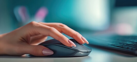 The hand gracefully resting on a sleek modern computer mouse in an elegant workspace.