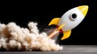 © pvl0707 - Colorful toy rocket launches from a wooden surface, surrounded by cloud of dust, creating dynamic motion and excitement in a playful atmosphere