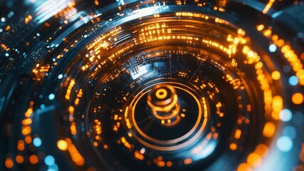 Futuristic technological core spinning with glowing orange lights