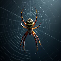 A vibrant spider with striped yellow, black, and orange legs sits in the center of a detailed web. The background is dark, highlighting the web's intricate pattern.