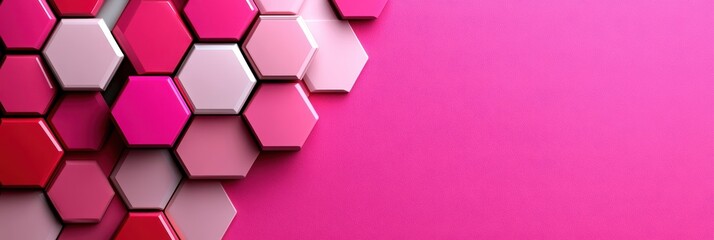 Wall Mural - Abstract arrangement of shiny hexagons in varying shades of pink against a vibrant pink background, creating a modern and dynamic visual effect.