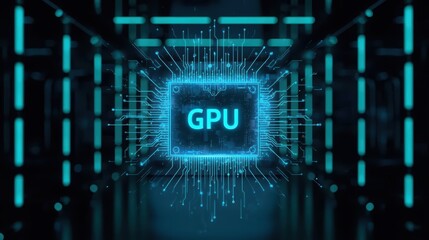 A glowing blue GPU with intricate circuit patterns is centered against a dark background with a futuristic architectural grid design creating technological depth.