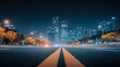 Modern Cityscape at Night: Asphalt Road Leading to Illuminated Skyscrapers and Urban Skyline