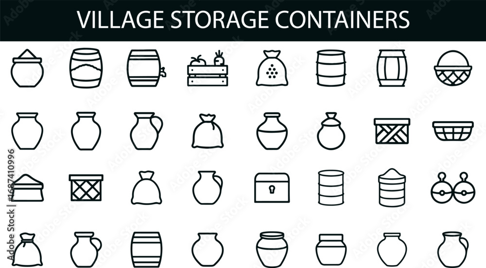 Village Storage Containers Icon Set for Rural Life, Agriculture, and ...