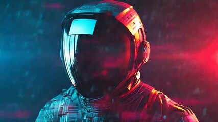 Wall Mural - astronaut wearing helmet and spacesuit exploring space with red and blue lights