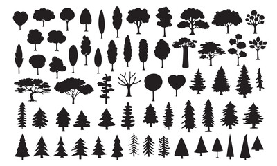 Diverse collection of silhouetted trees nature elements for design projects white background