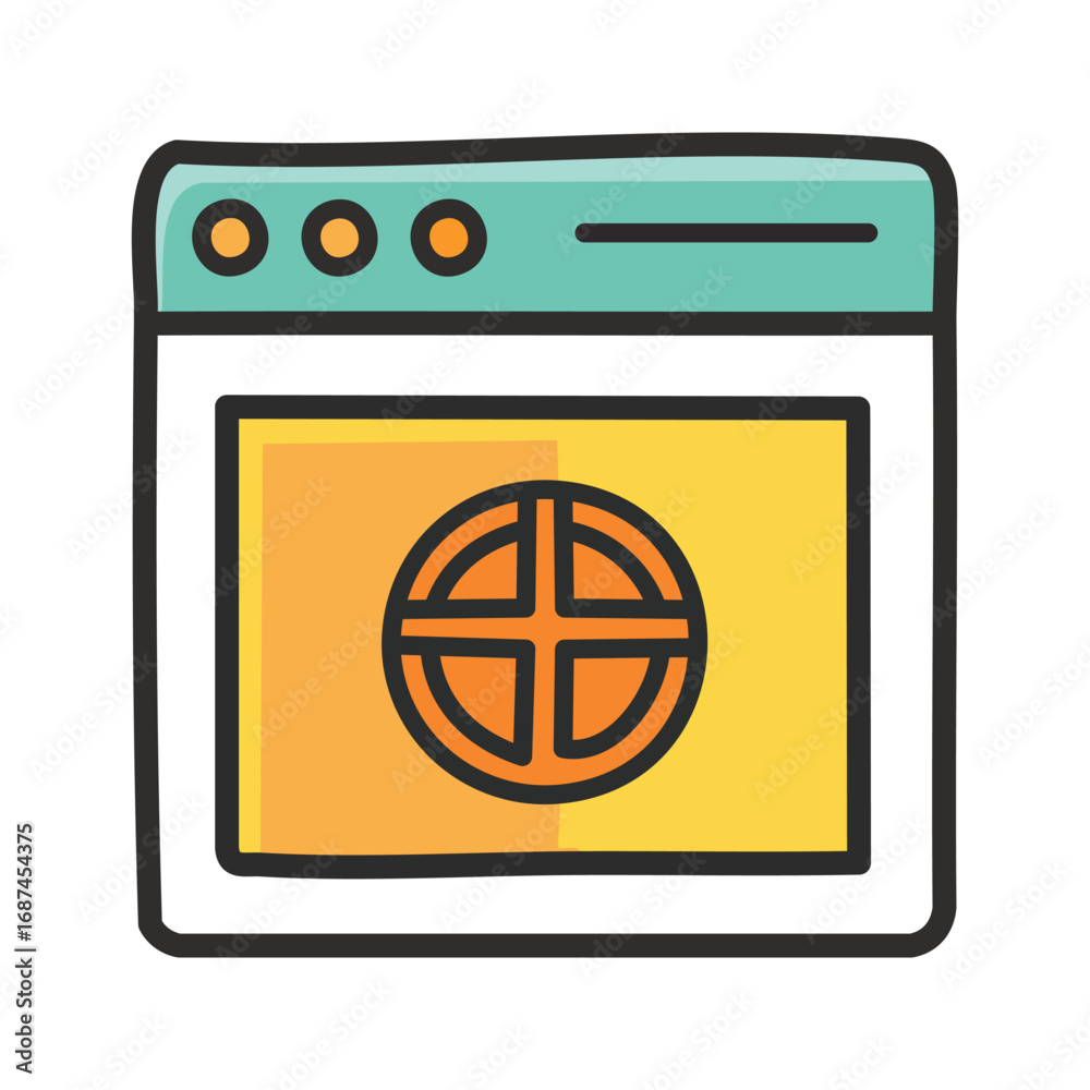 Cartoon illustration of a web browser window displaying a globe icon ...