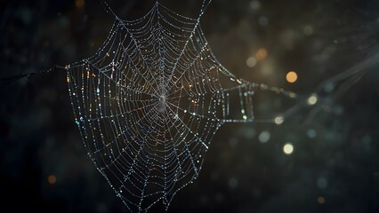 A close up of a beautiful spider web covered in dew drops, sparkling against a dark background with magical bokeh lights. Nature and Halloween concept