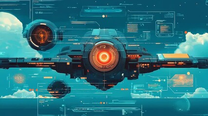 Wall Mural - Futuristic spaceship flying over alien planet with head up display