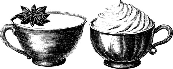Wall Mural - Vintage engraved illustration set of pumpkin latte cups for autumn themes
