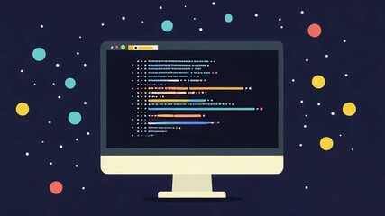 Computer showing programming code and colorful dots on dark background