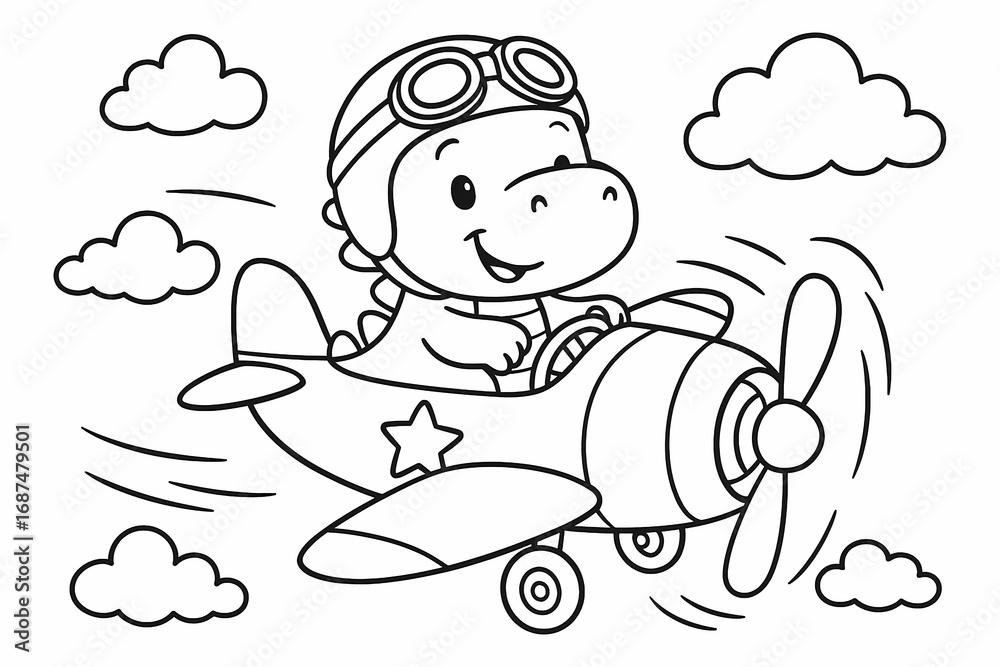 Cute dinosaur flying airplane with propeller in the sky, cartoon ...