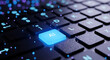 © Nadim Graphic Art - Artificial intelligence concept represented by a glowing blue AI button on a futuristic computer keyboard with digital data streams