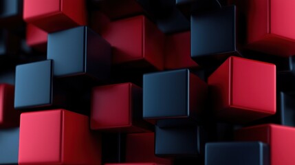 Abstract arrangement of red and black cubes, creating a dynamic and visually interesting geometric pattern.