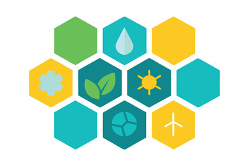 World Science Day vector honeycomb with sustainable icons solar water seed wind book heart in isometric style on white background
