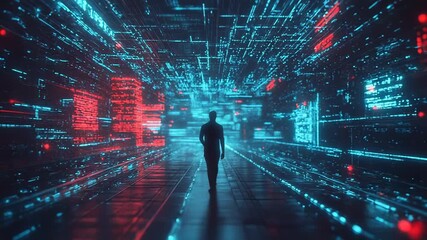 Programmer walking in metaverse corridor of data flow and code lines
