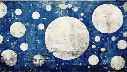 Wall Mural - distressed white circular paint splatters on grungy blue wall texture with scattered spots for creative background or artistic design