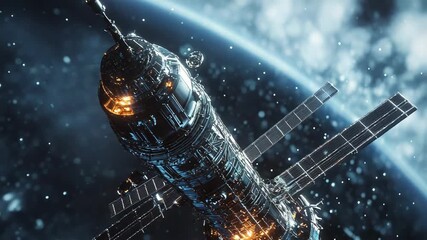 Wall Mural - Space station orbiting earth with solar panels deploying in galaxy
