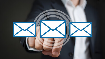 Professional hand touches digital email icons, symbolizing modern communication and connection