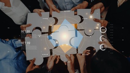 Engaged team collaborates on assembling a puzzle, symbolizing strategy development and innovative problem solving, enhanced by visual data elements. Raster