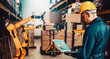 © InfiniteFlow - Smart robot arm systems for innovative warehouse and factory digital technology . Automation manufacturing robot controlled by industry engineering using IOT software connected to internet network .
