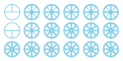 Geometric progression of segmented circles showing increasing divisions and radial lines in blue outlines on a white background