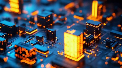 Wall Mural - futuristic cityscape emerging from a circuit board with orange lights