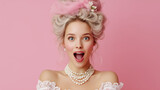 Portrait of Woman with Marie Antoinette Hairstyle in Pink Studio, Wearing Rococo Dress with Laces, Baroque Elegance, Historical Fashion, Surprised, Excited Expression with Open Mouth and Wide Eyes.