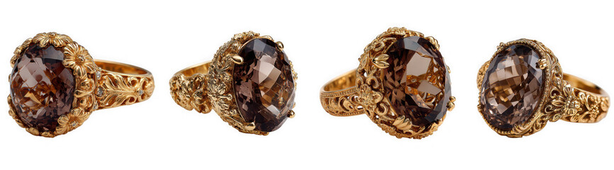 Four antique gold rings with large dark brown gemstones, isolated on transparent background
