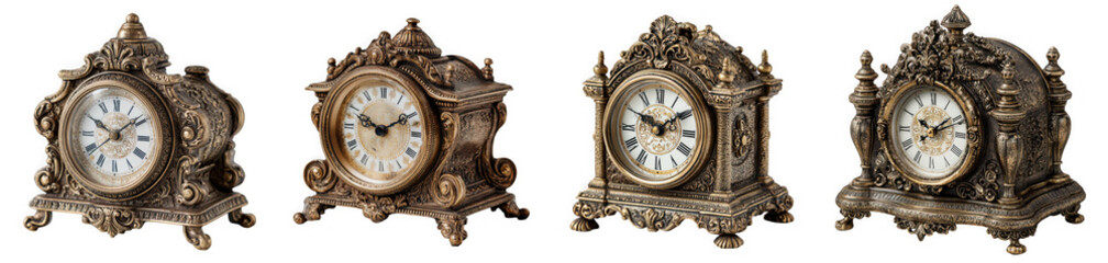 Group of four intricate antique mantel clocks with detailed metalwork, isolated on transparent background