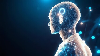 Wall Mural - artificial intelligence, human head wireframe glowing on dark blue background