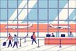 © Jaana - Busy airport terminal with passengers, planes on runway outside, big glass windows, modern flat illustration style.