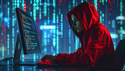 A young hacker intensely focused on typing at a glowing computer screen, surrounded by a complex moving digital background; cinematic shot with dramatic lighting, neon tech ambiance, and suspense