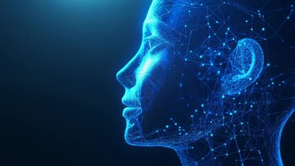 Wall Mural - Artificial intelligence, human face made of network mesh glowing on dark blue background