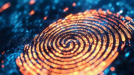Wall Mural - Orange fingerprint glowing on dark blue digital background representing cybersecurity