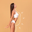 © Prostock-studio - Slimming concept. Side view of slim lady in white lingerie with perfect body shape posing with outlines and arrows isolated on beige studio background
