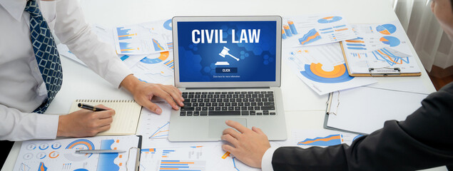 Civil law brisk information showing on computer screen for Common Justice Legal Regulation Rights Concept