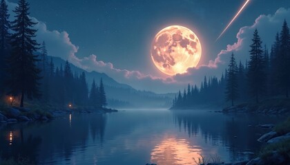 Wall Mural - enchanting night landscape illustration features luminous full moon, shooting star over serene, mist