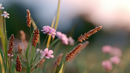 Wall Mural - soft sunset meadow background with flowers, grass, and warm light