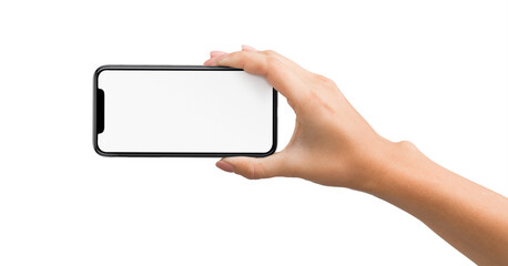 Woman hand holding smartphone with blank screen in horizontal orientation, isolated on white background